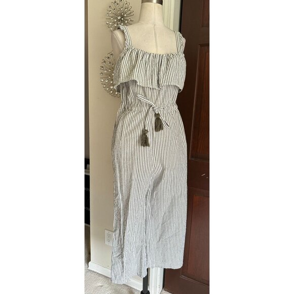 Zara Gray and White Striped Linen Jumpsuit with Drawstring Waist Size Small and - Picture 1 of 9